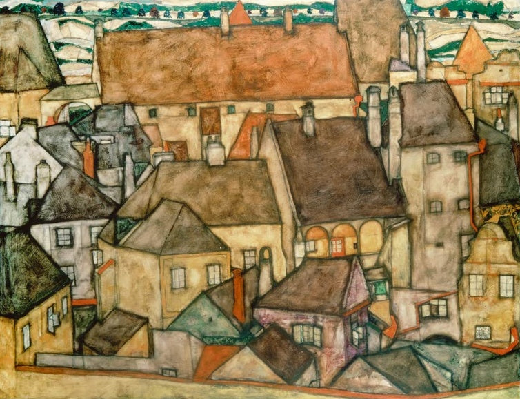 Dicht gedrängte gelbe und ockerfarbene Dächer einer Stadt von oben gesehen – Egon Schiele Gelbe Stadt Kunstkopie