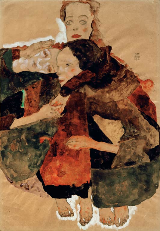 Drei einander umschlingende Mädchen in dunklen Gewändern – Egon Schiele Gruppe von drei umschlungenen Mädchen Kunstkopie