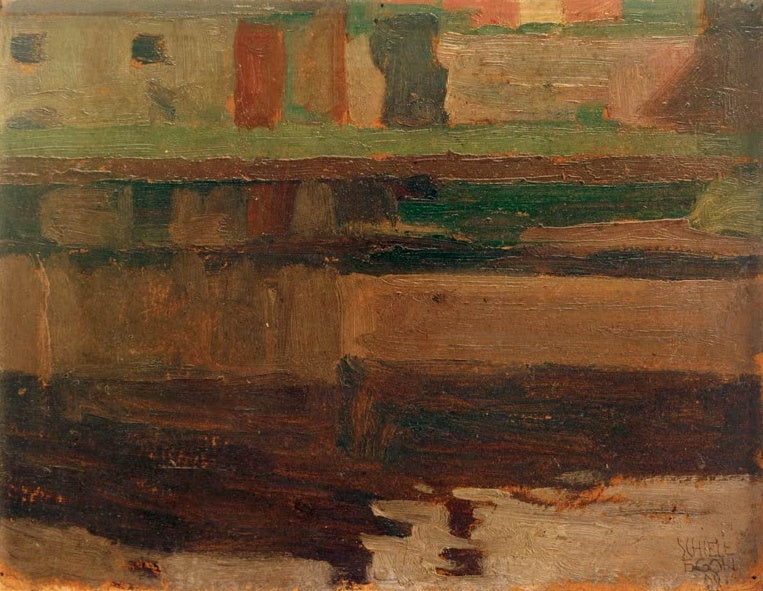 Häuser am Ufer, im Wasser gespiegelt, in dunklen Erdtönen – Egon Schiele Häuser am Fluss I Kunstkopie