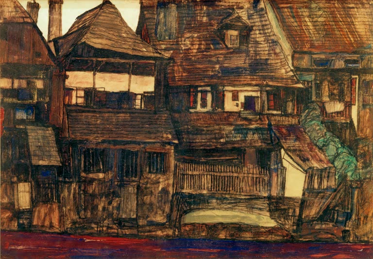 Alte Holzhäuser mit Balkonen und Dächern an der Moldau – Egon Schiele Häuser an der Moldau (Krumau) Kunstkopie