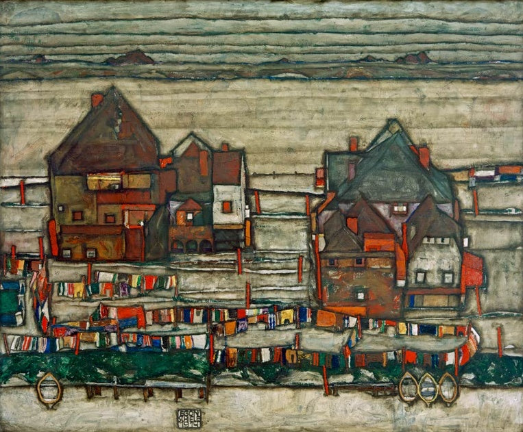 Häusergruppen am Wasser mit bunter Wäsche auf Leinen – Egon Schiele Häuser mit bunter Wäsche Kunstkopie