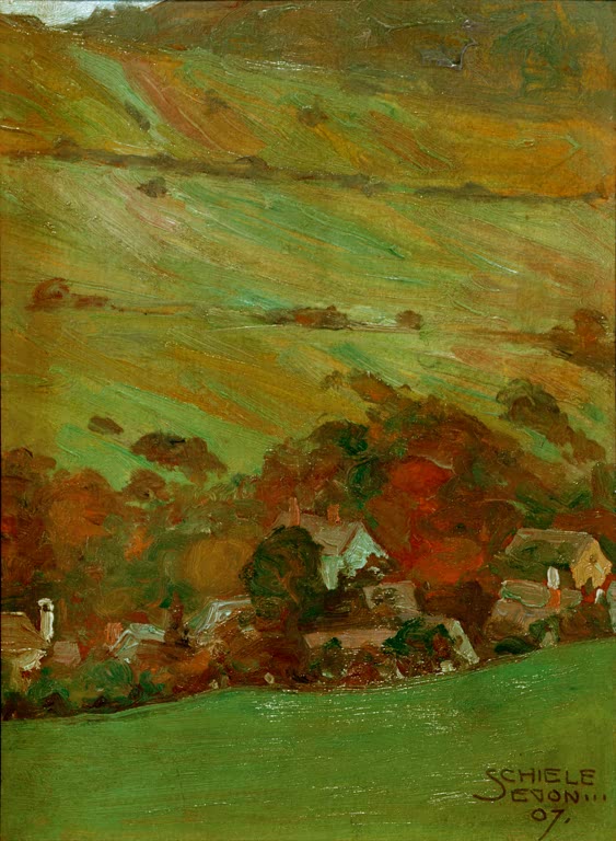 Grüne Hügellandschaft mit Häusern im Herbst – Egon Schiele Häuser vor Bergabhang Kunstkopie