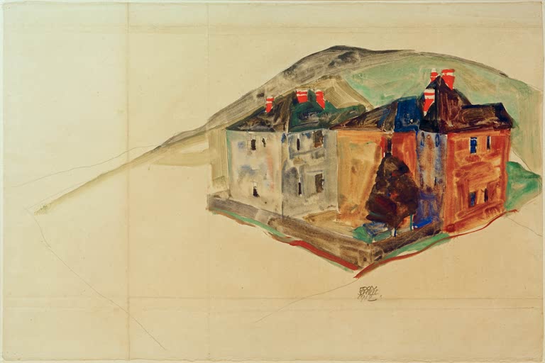 Häusergruppe auf einem grünen Berg mit gezeichneten Hilfslinien – Egon Schiele Häusergruppe am Berg Kunstkopie