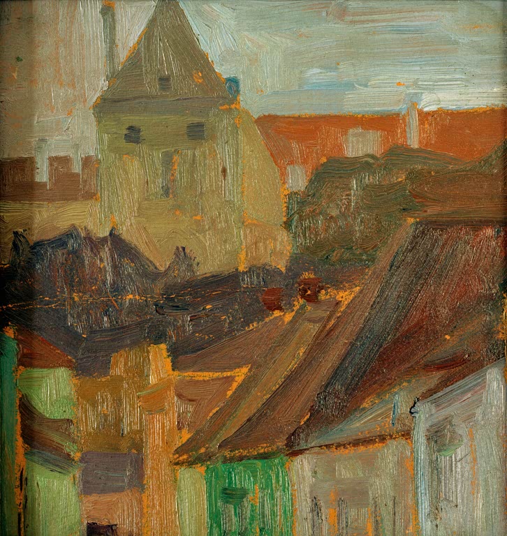 Egon Schiele Häuserstudie Stiftskeller Kunstkopie, dicht gestaffelte Dächer und Turm in ockerfarbener Malweise