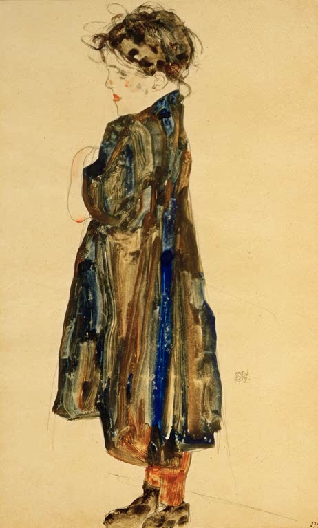 Stehendes Mädchen im langen dunklen Mantel mit lockigem Haar – Egon Schiele Halbwüchsiges Bauernmädchen, stehend Kunstkopie