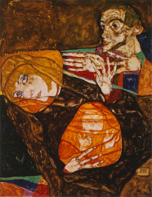 Liegende Frau mit gelbem Kopftuch und Mann mit Händen vor dunklem Grund – Egon Schiele Heilige Familie Kunstkopie