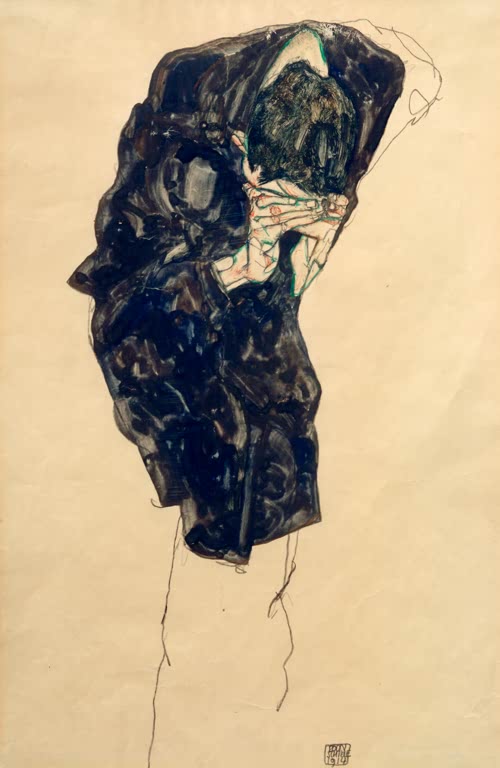 Tief vornübergebeugter Mann in dunkelblauem Gewand mit verdecktem Gesicht – Egon Schiele Herabgebeugter Mann Kunstkopie