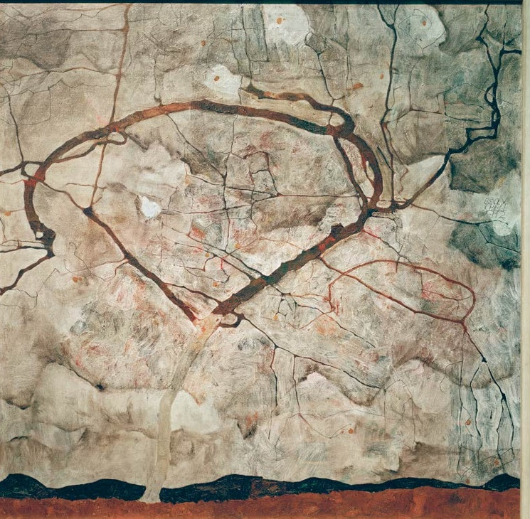 Kahler Baum mit geschwungenen Ästen vor bewegtem graubraunem Grund – Egon Schiele Herbstbaum in bewegter Luft Kunstkopie