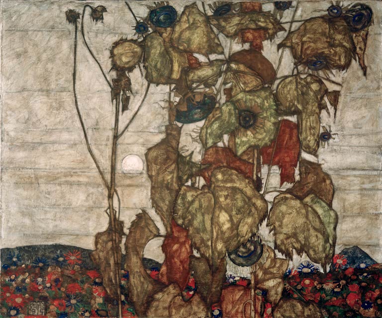 Verwelkte Sonnenblumen vor heller Wand mit der Sonne als blasser Scheibe – Egon Schiele Herbstsonne Kunstkopie
