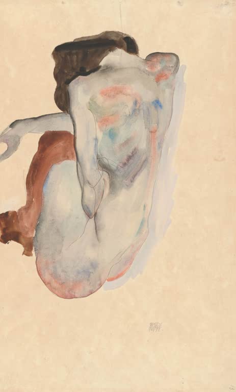 Hockender nackter Frauenrücken in zarten Blau-, Rosa- und Brauntönen – Egon Schiele Hockende nackte Frau Kunstkopie