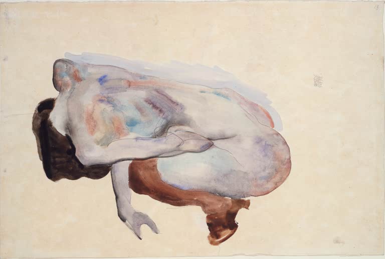 Zusammengekauerte Gestalt in zarten Blau- und Rosatönen von hinten – Egon Schiele Hockende Nackte mit Schuhen Kunstkopie