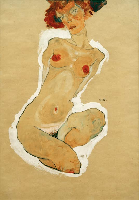 Hockender Akt mit rotem Haar vor ockerfarbenem Papier, weiß umrandet – Egon Schiele Hockender weiblicher Akt Kunstkopie