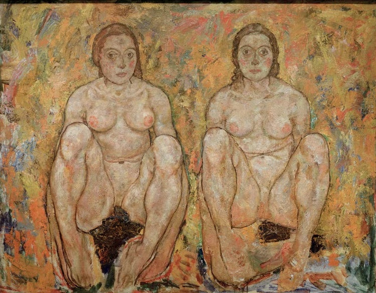 Zwei hockende nackte Frauen vor buntem, gesprenkeltem Grund – Egon Schiele Hockendes Frauenpaar Kunstkopie