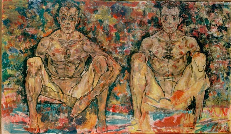 Zwei hockende Männer vor buntem, fleckigem Hintergrund – Egon Schiele Hockendes Männerpaar Kunstkopie
