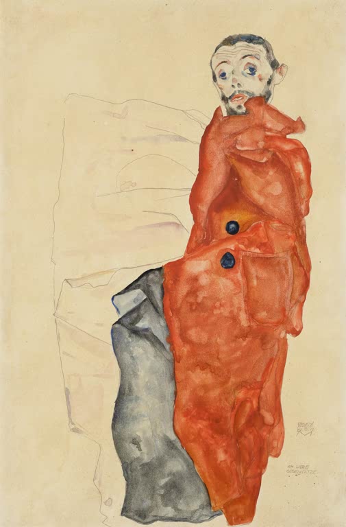Mann in leuchtend orangerotem Mantel vor hellem Grund – Egon Schiele Ich liebe Gegensätze Kunstkopie