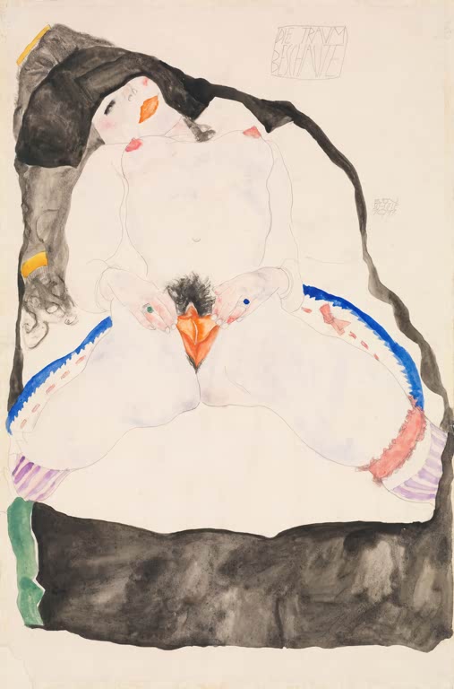 Liegende weiße Körperformen zwischen schwarzen und blauen Farbflächen – Egon Schiele Im Traum beobachtet Kunstkopie