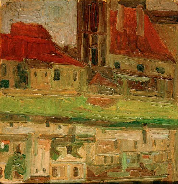 Rotes Kirchendach über Häusern im Wasserspiegel – Egon Schiele Jodokuskirche, sich im Fluß spiegelnd Kunstkopie