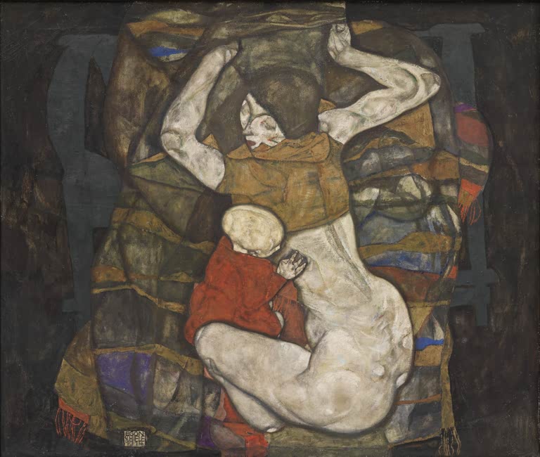 Mutter mit Kind in verschlungener Haltung vor dunklen Farbflächen – Egon Schiele Junge Mutter Kunstkopie