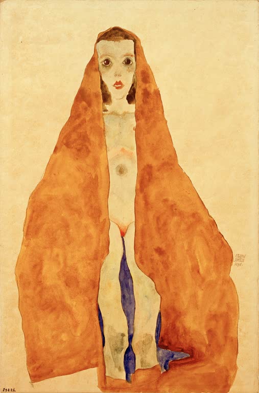 Nacktes Mädchen in orangefarbenem Tuch – Egon Schiele Junger Mädchenakt, von ockerfarbigem Tuch umhüllt Kunstkopie