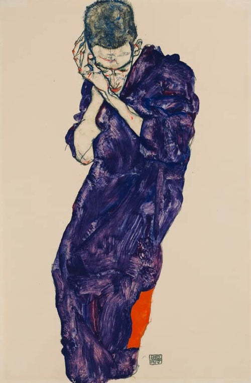 Brillenträger mit an die Wange gelegten Händen im violetten Gewand – Egon Schiele Junger Mann im violetten Gewand Kunstkopie