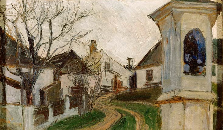 Kahle Bäume, weiße Häuser und ein Bildstock an einem Weg – Egon Schiele Kahle Bäume, Häuser und Bildstock Kunstkopie