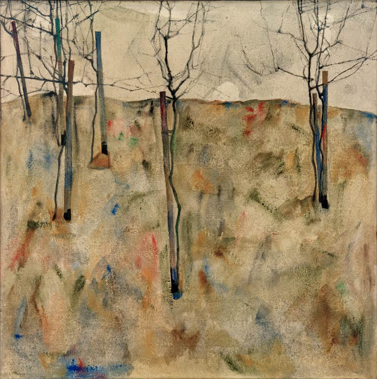 Kahle Bäume auf einem Hügel in zarten Farbtupfern und grauem Himmel – Egon Schiele Kahle Bäume Kunstkopie