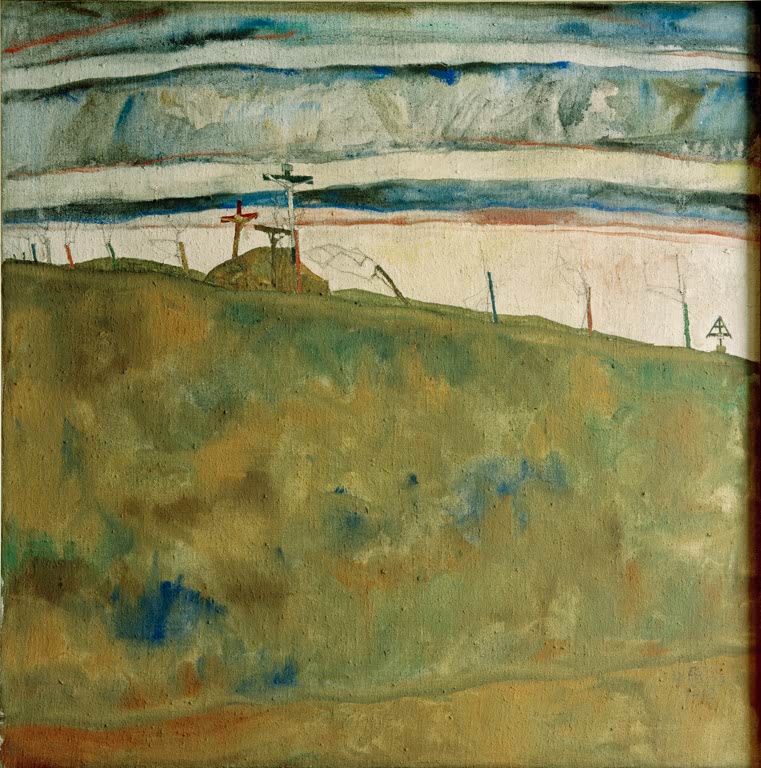 Kalvarienberg mit Kreuzen auf grünem Hügel unter streifigem Himmel – Egon Schiele Kalvarienberg Kunstkopie
