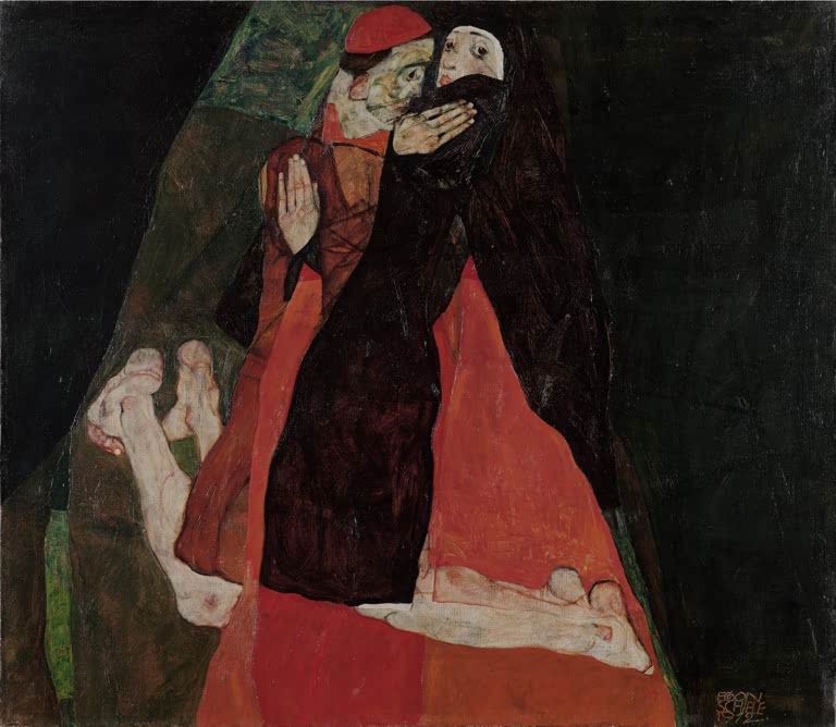 Kardinal und Nonne in roten und schwarzen Gewändern eng umarmt – Egon Schiele Kardinal und Nonne Kunstkopie