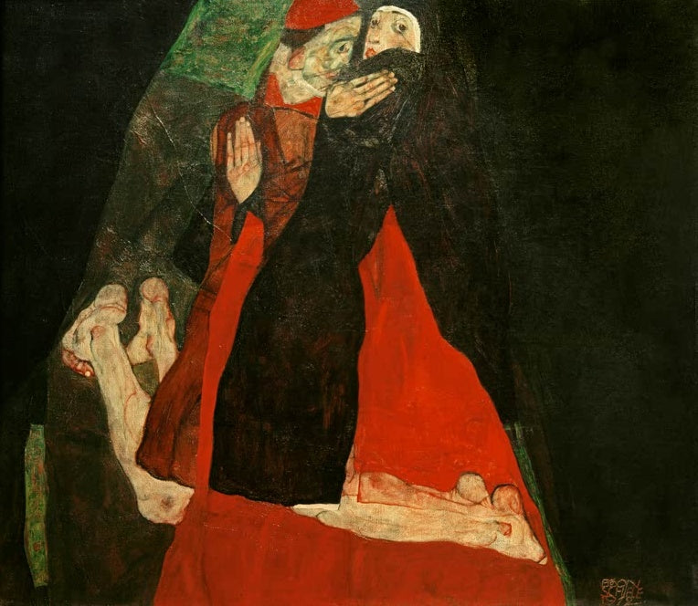 Dunkel gekleideter Mann in Kardinalsrot mit einer Nonne in Umarmung – Egon Schiele Kardinal und Nonne Kunstkopie