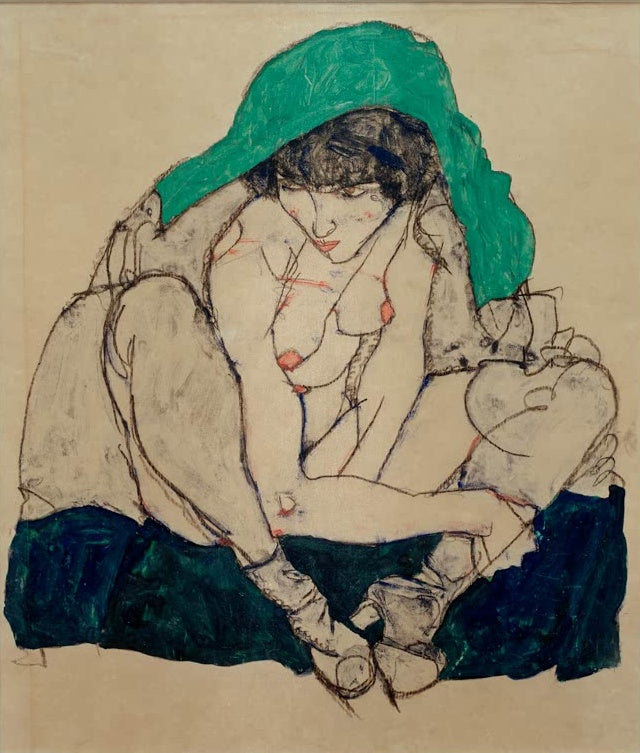 Kauernde Frau mit grünem Kopftuch und dunkelblauem Rock – Egon Schiele Kauernde mit grünem Kopftuch Kunstkopie