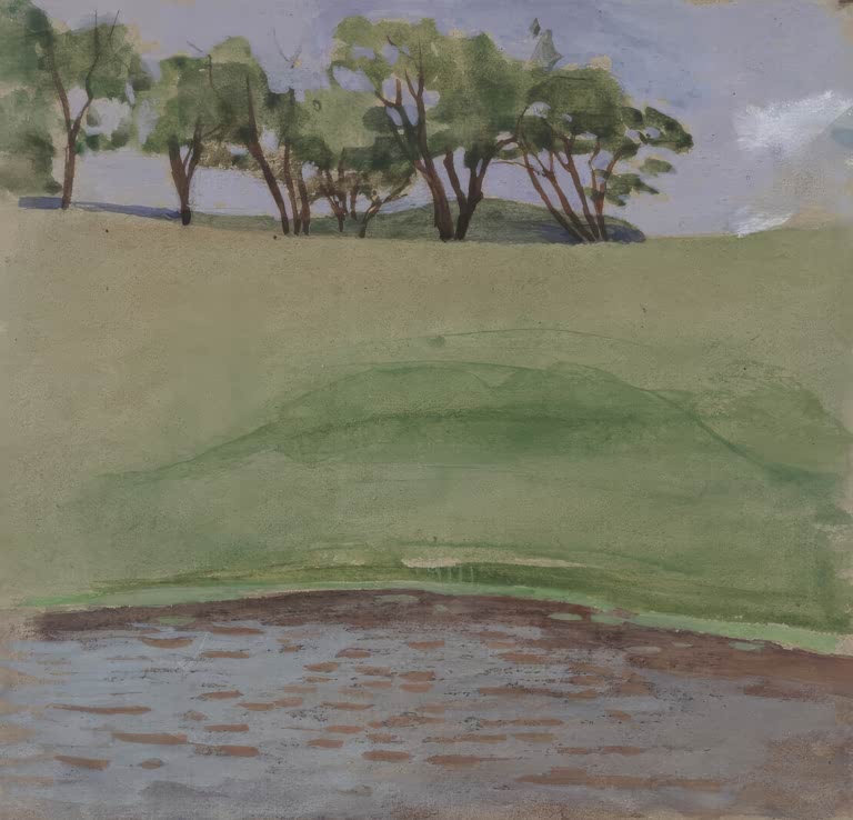 Hügelige grüne Wiese mit Baumreihe unter blauviolettem Himmel – Egon Schiele Klosterschule Kunstkopie
