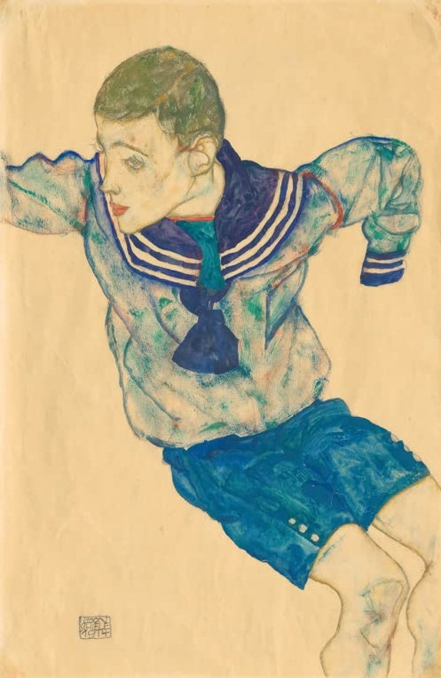 Junge im Matrosenanzug mit blauer Hose in schwungvoller Bewegung – Egon Schiele Knabe im Matrosenanzug Kunstkopie