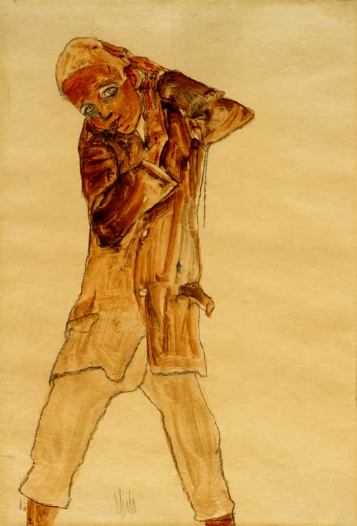 Junge in langem gelbbraunem Gewand mit zum Kopf erhobenen Händen – Egon Schiele Knabe, mit langem Rock Kunstkopie
