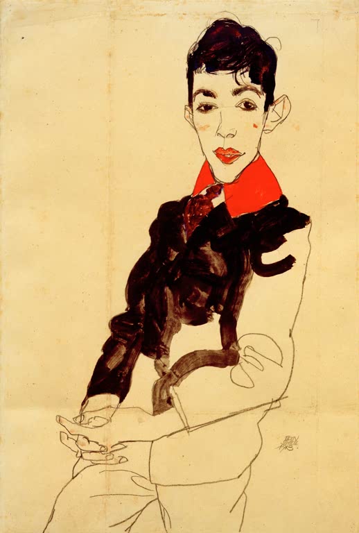 Junge im dunklen Jackett mit rotem Kragen, unten nur skizziert – Egon Schiele Knabenbildnis Erich Lederer Kunstkopie