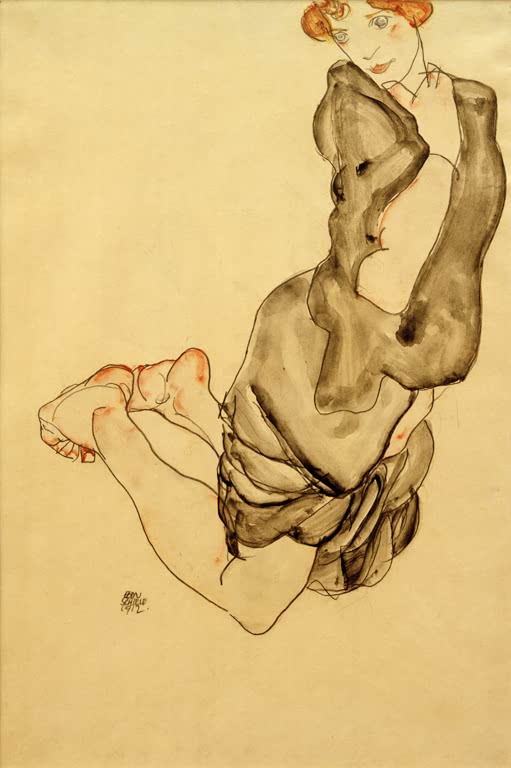 Kniende Frau mit rotem Haar und grauem Kleid auf hellem Papier – Egon Schiele Kniende Wally mit grauem Kleid Kunstkopie