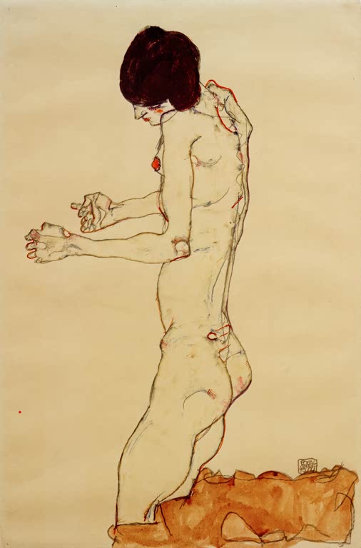 Kniende Frau mit kurzem dunklem Haar und vorgestreckten Armen – Egon Schiele Kniender Frauenakt nach links Kunstkopie