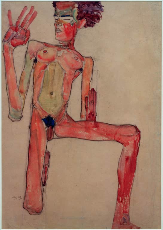 Egon Schiele Kniender Selbstakt Kunstkopie, kniende Selbstdarstellung mit erhobener Hand in Rot und Orange