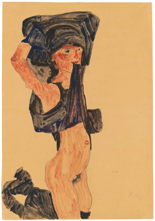 Nackte kniende Gestalt zieht dunklen Rock über den Kopf auf orangegelbem Papier – Egon Schiele Kniendes Mädchen Kunstkopie