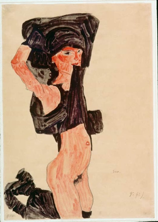 Mädchen mit schwarzem Stoff über dem Kopf – Egon Schiele Kniendes Mädchen mit Rock über dem Kopf Kunstkopie