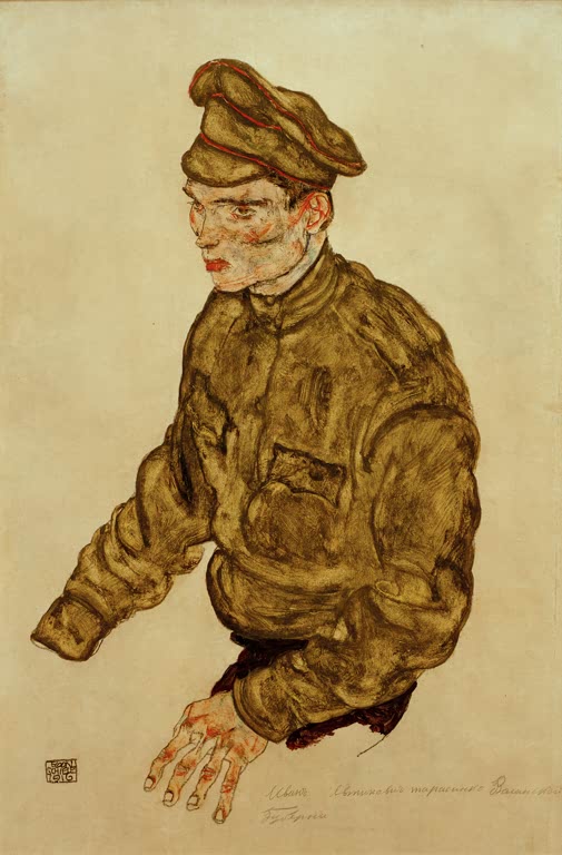 Russischer Kriegsgefangener in olivbrauner Uniform mit Mütze – Egon Schiele Kriegsgefangener russischer Offizier Kunstkopie