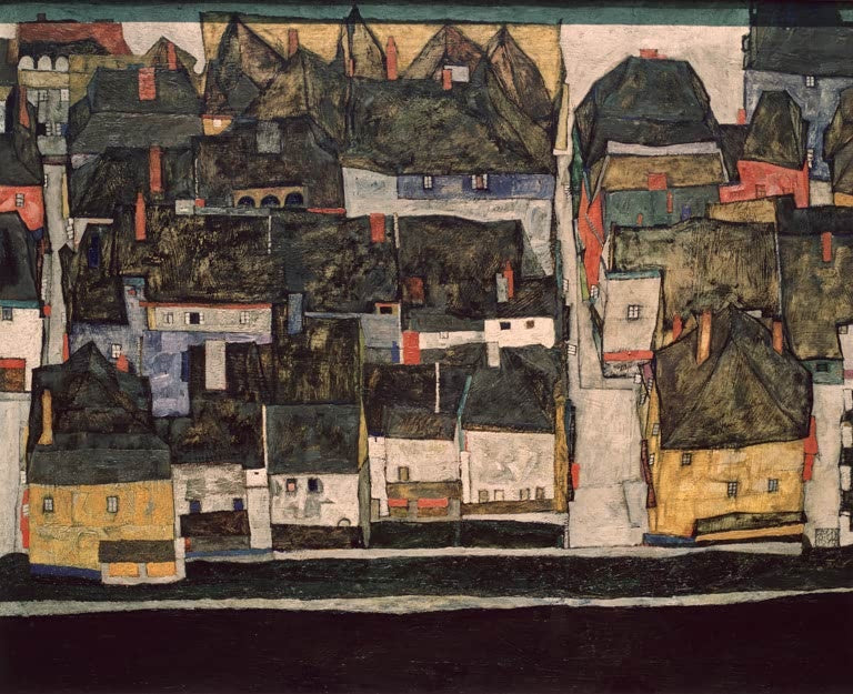 Dicht gedrängte dunkle Häuser über der Moldau, mit hellen Fassaden – Egon Schiele Krumau an der Moldau Kunstkopie