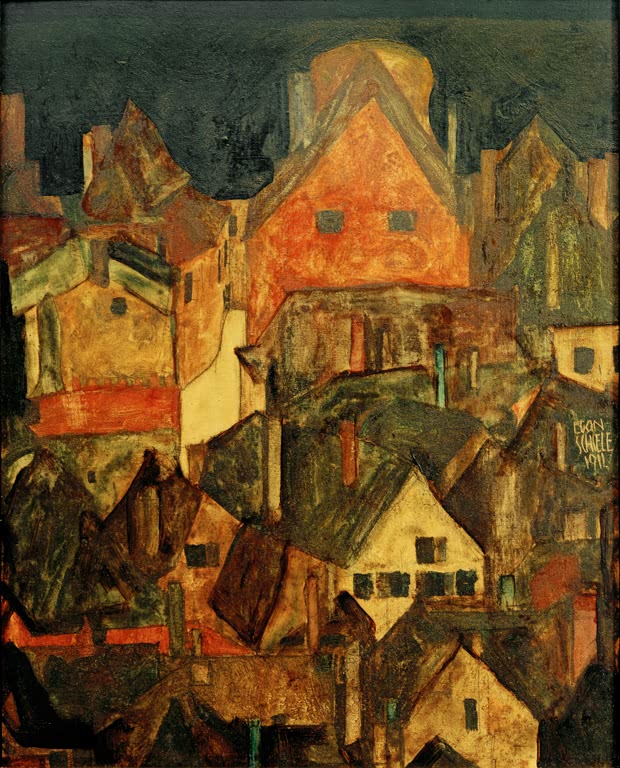 Dichte Häuser einer Stadt bei Nacht, mit orangem Giebel vor dunklem Himmel – Egon Schiele Krumau bei Nacht Kunstkopie