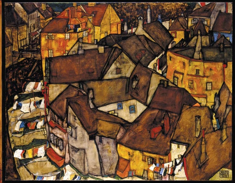 Dicht gedrängte Häuser mit braunen Dächern und Wäscheleinen in Gelb und Ocker – Egon Schiele Krumau Häuserbogen I Kunstkopie