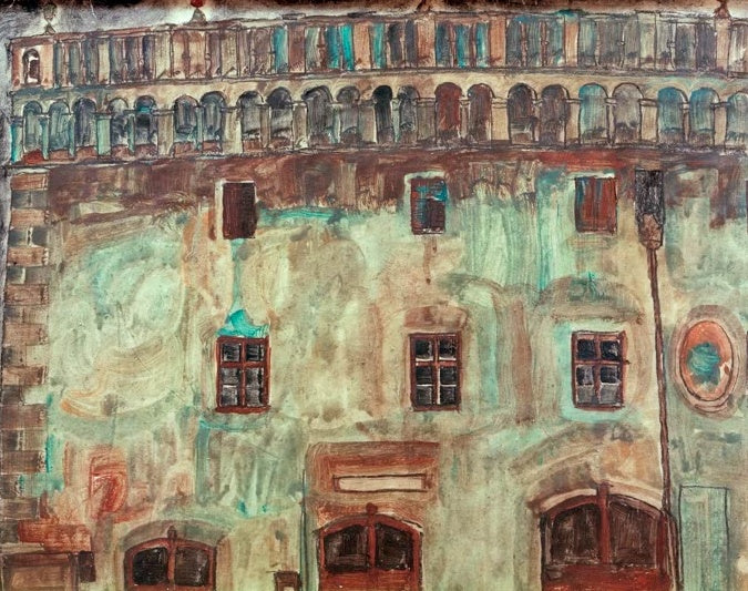 Hausfassade mit Arkaden in türkisgrünen Flächen – Egon Schiele Krumauer Rathaus (Teilansicht) I Kunstkopie
