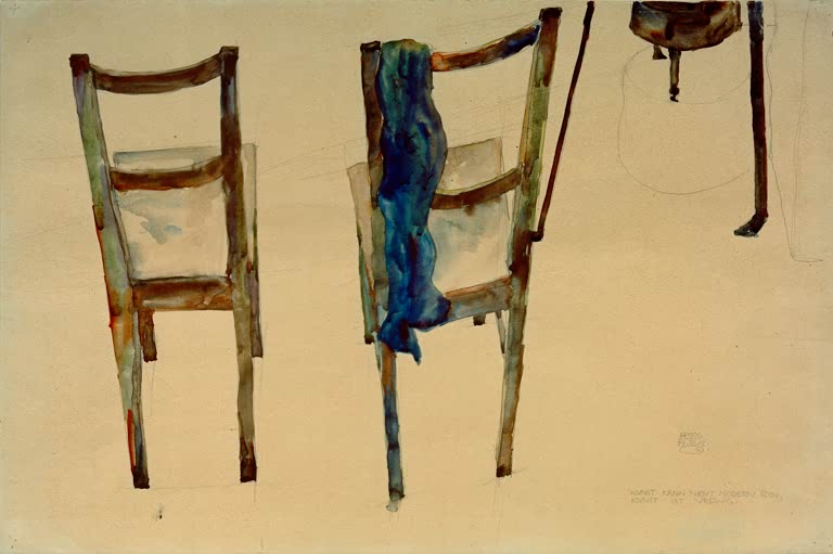 Zwei Stühle mit blauem Tuch auf der Lehne, zart aquarelliert – Egon Schiele Kunst kann nicht modern sein Kunstkopie