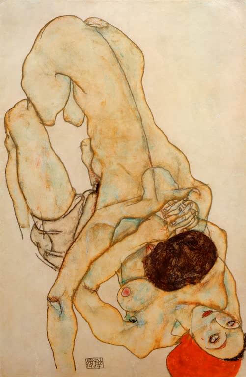 Zwei ineinander verschlungene Frauen, eine mit rotem Tuch – Egon Schiele Lesbisches Paar Kunstkopie