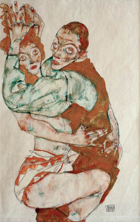 Eng umschlungenes Paar in grünen und rostroten Tönen – Egon Schiele Liebesakt Kunstkopie