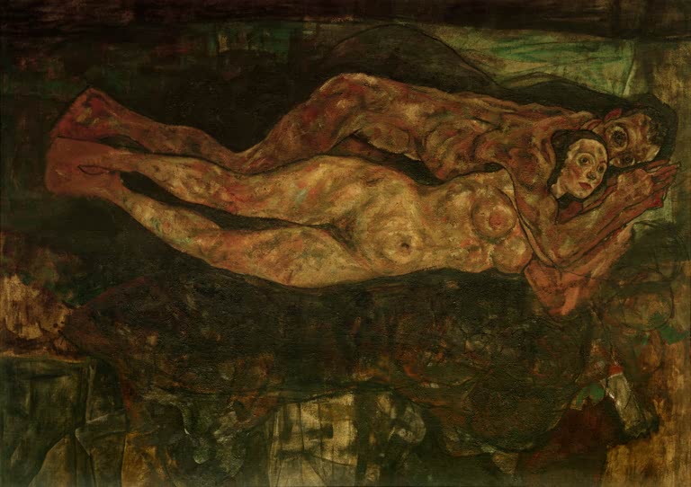 Zwei liegende Gestalten, eng umschlungen, vor dunklem grünlichem Grund – Egon Schiele Liebespaar Kunstkopie