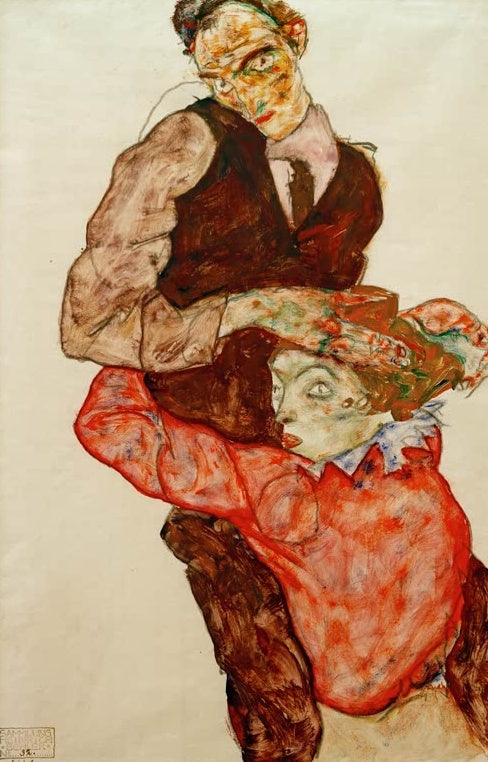 Mann in dunkler Weste hält eine Frau in roter Bluse auf dem Schoß – Egon Schiele Liebespaar Kunstkopie