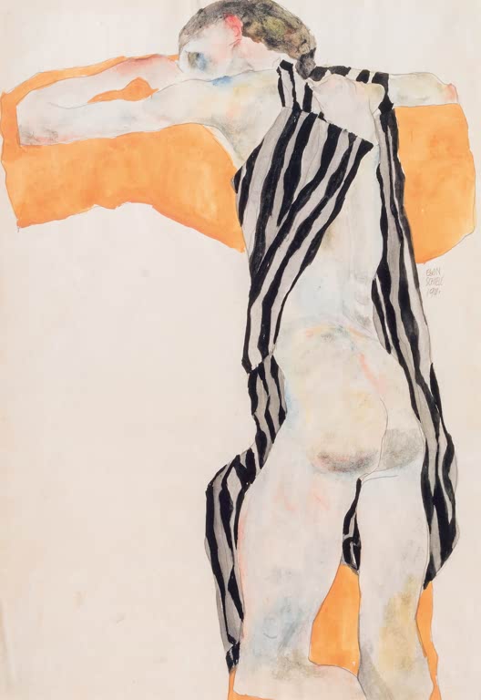 Nackte Gestalt von hinten in schwarz-weiß gestreiftem Kittel vor Orange – Egon Schiele Liegend nacktes Mädchen Kunstkopie